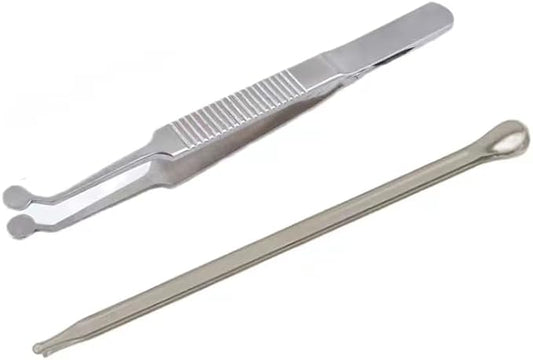 Pointed and Flat Glass Eye Stick & Round Tip Horizontal Line Handle Tweezer