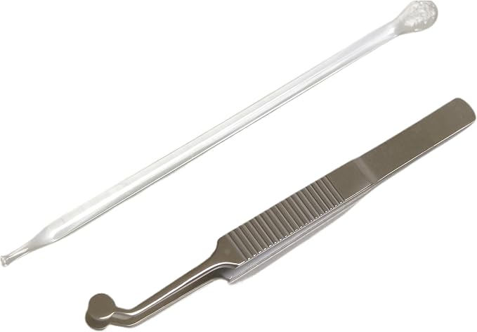 Pointed and Flat Glass Eye Stick & Round Tip Horizontal Line Handle Tweezer